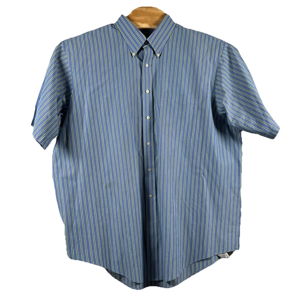 Lands' End Mens Size 18.5, Blue No Iron Pinpoint Oxford Short Sleeve Button Down